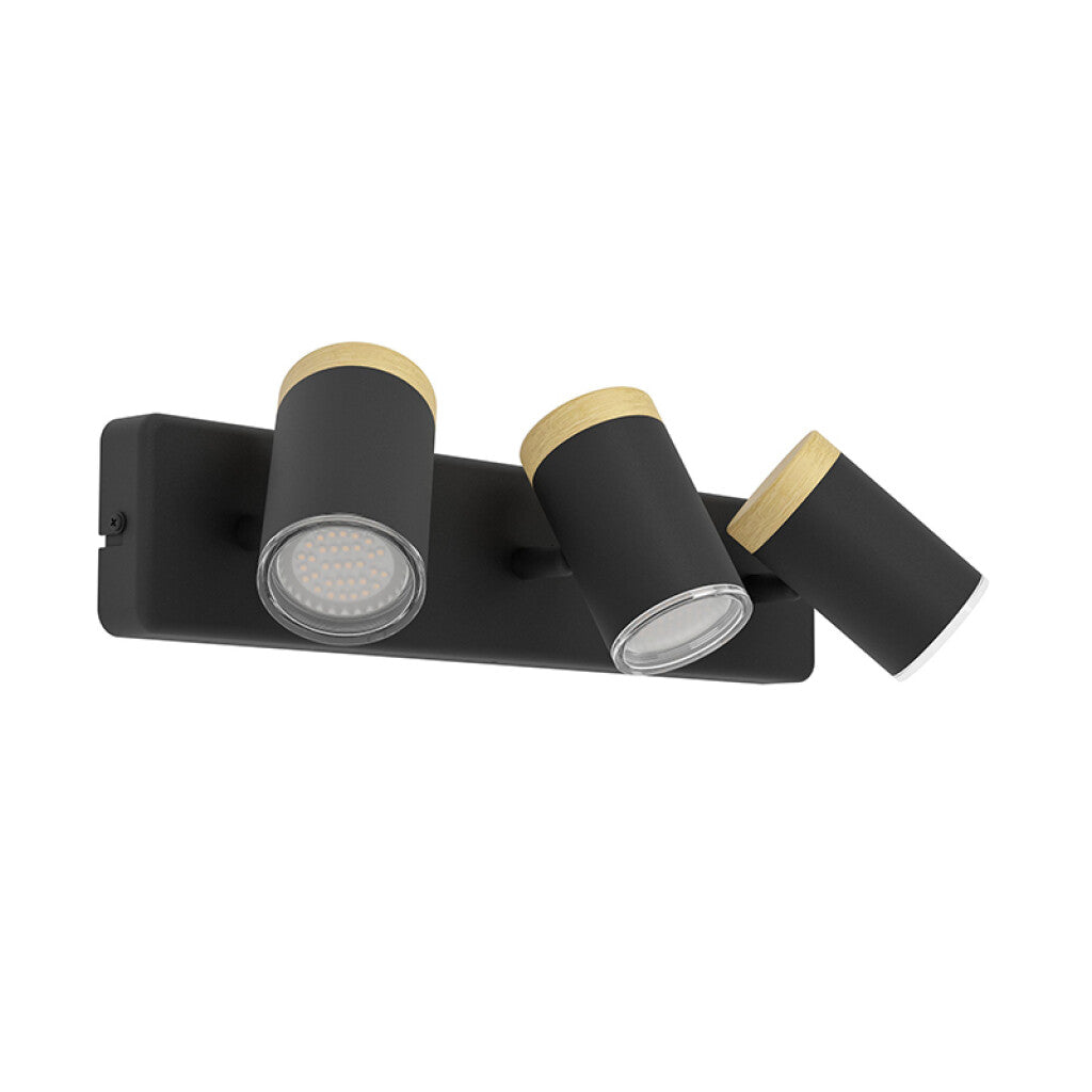 Aplique spot de pared acero negro y madera 3xGU10 - EG6412