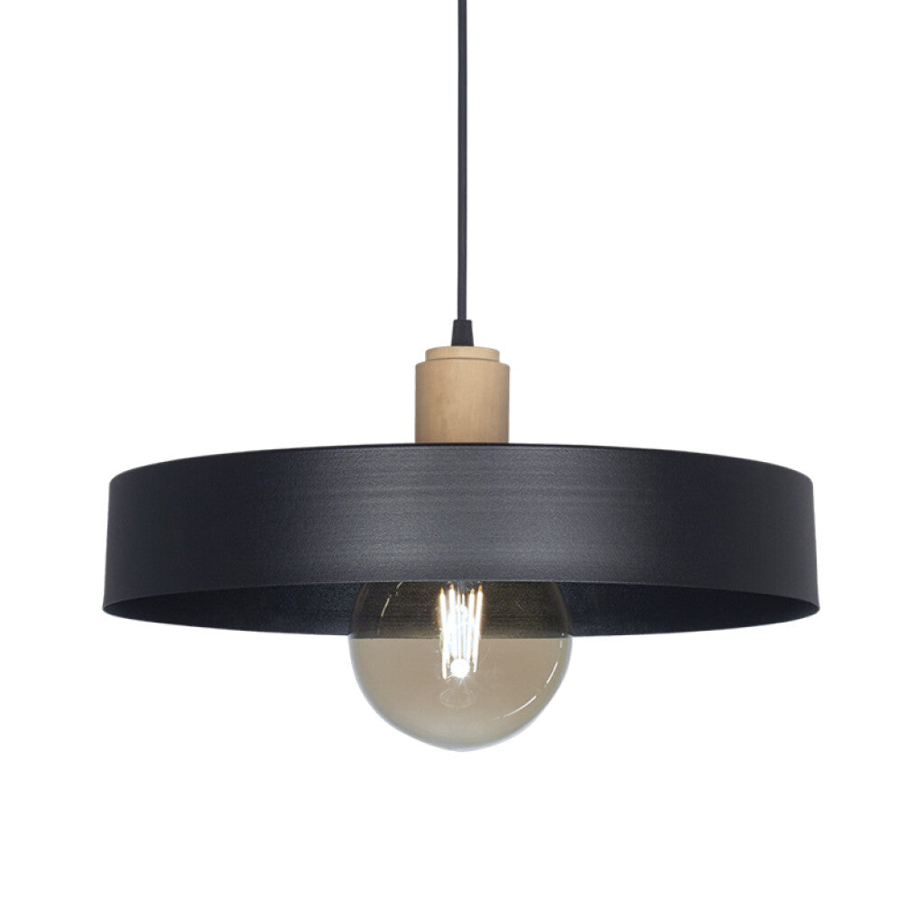 Colgante pantalla metal negro y madera E27 Ø400mm - JU0380