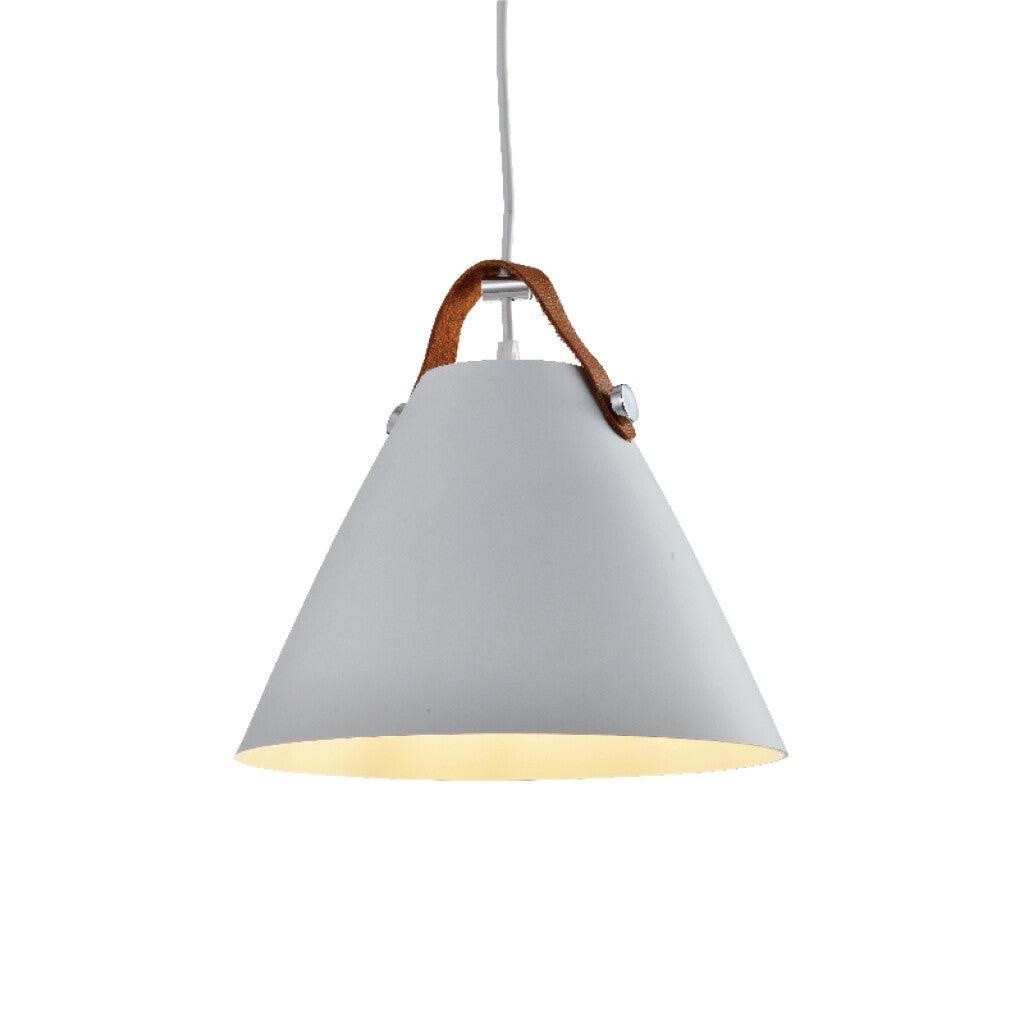 Lámpara colgante cono metal blco+listón cuero Ø27 - IX9058