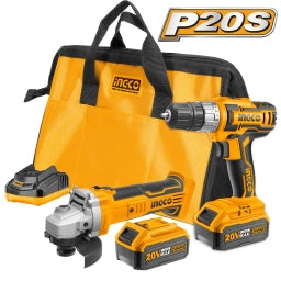 KIT AMOLADORA ANGULAR 20V + ATORNILLADOR 20V A BATERIA INGCO P20S CKLI2009