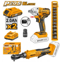 SUPER COMBO LLAVE DE IMPACTO 20V + SET DADOS + LLAVE CRIQUE 20V INGCO COSLI23066