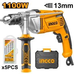 TALADRO 13MM INGCO C VALIJA + 5 MECHAS PERCUTOR INDUSTRIAL 1100W