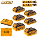 SET X 6 BATERIAS 20V P20S (4X2AH 2X4AH) + CARGADOR DOBLE + VALIJA INGCO COSLI230701