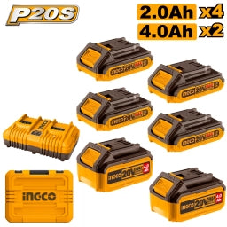 SET X 6 BATERIAS 20V P20S (4X2AH 2X4AH) + CARGADOR DOBLE + VALIJA INGCO COSLI230701