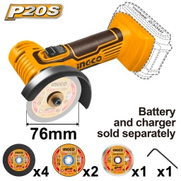 MINI AMOLADORA A BATERIA 3" 20V P20S MULTIFUNCIÓN SIN BAT SIN CARG INGCO CAGLI7601