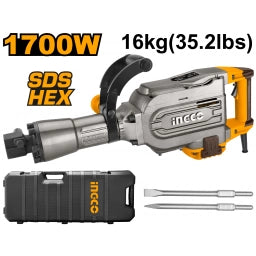 MARTILLO DEMOLEDOR INGCO 1700W 50J 16KG SDS HEXAGONAL C VALIJA