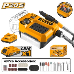 MINITORNO A BATERIA 20V P20S C/EJE FLEXIBLE EN CAJA C/1 BAT + 40 ACCESORIOS - CMGLI20011 INGCO