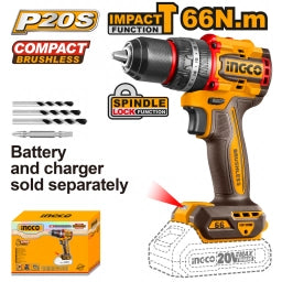 TALADRO ATORNILLADOR C/PERCUTOR A BATERIA 13MM 20V P20S COMPACT BRUSHLESS EN CAJA S/BAT CIDLI206681 INGCO