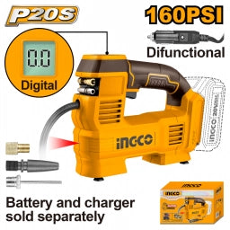COMPRESOR DE AIRE A BATERIA 160PSI 11BAR 20V P20S S/BAT CACLI2012 INGCO