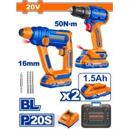 COMBO TALADRO A BATERIA 10MM C/PERCUTOR BRUSHLESS 20V P20S + ROTOMARTILLO A BATERIA 1,5J 20V P20S EN VALIJA C/2 BAT WOS