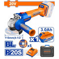 AMOLADORA A BATERIA BRUSHLESS 20V C/ BAT 3.0 AMP + CARGADOR 5 DISCOS + VALIJA WADFOW - WLAP522