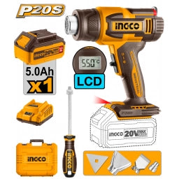 PISTOLA DE CALOR A BATERÍA 5.0AH 20V P20S C/BATERIA + CARGADOR + VALIJA + ACCESORIOS INGCO HGLI20035
