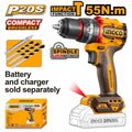 TALADRO ATORNILLADOR C/PERCUTOR A BATERIA 20V P20S BRUSHLESS 55NM CON ACCESORIOS, S/BAT Y S/CARG INGCO CIDLI205581