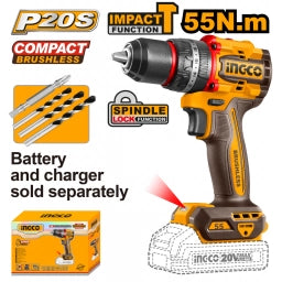 TALADRO ATORNILLADOR C/PERCUTOR A BATERIA 20V P20S BRUSHLESS 55NM CON ACCESORIOS, S/BAT Y S/CARG INGCO CIDLI205581