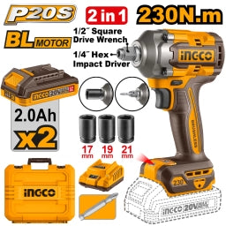 LLAVE Y ATORNILLADOR DE IMPACTO A BATERÍA 20V P20S 230NM C/2BAT, CARGADOR, 3 DADOS 17,19,21MM + PUNTA Y VALIJA INGCO CIW