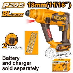 ROTOMARTILLO A BATERÍA 20V P20S SDS PLUS 1.8J + 3 MECHAS S/BAT Y S/CARGADOR INGCO CRHLI20188