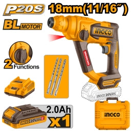 ROTOMARTILLO A BATERÍA 20V P20S SDS PLUS 1.8J + 3 MECHAS, C/BATERÍA, CARGADOR Y VALIJA INGCO CRHLI201881