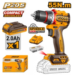 TALADRO ATORNILLADOR A BATERÍA 20V P20S BRUSHLESS 55NM C/BATERÍA, CARGADOR Y ACCESORIOS INGCO CDLI205582