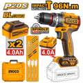 TALADRO ATORNILLADOR PERCUTOR A BATERÍA 20V P20S BRUSHLESS 96NM C/2BAT, CARGADOR, VALIJA Y ACCESORIOS INGCO CIDLI20968