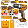 TALADRO ATORNILLADOR PERCUTOR A BATERÍA 20V P20S BRUSHLESS 86NM C/2BATERÍAS, CARGADOR, VALIJA Y ACCESORIOS INGCO CIDLI20