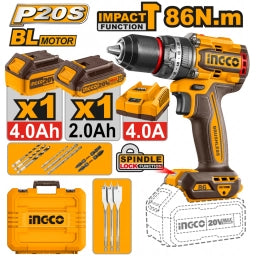 TALADRO ATORNILLADOR PERCUTOR A BATERÍA 20V P20S BRUSHLESS 86NM C/2BATERÍAS, CARGADOR, VALIJA Y ACCESORIOS INGCO CIDLI20